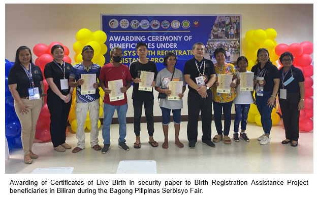 Awarding of Certificates of Live Birth in security paper to Birth Registration Assistance Project beneficiaries in Biliran